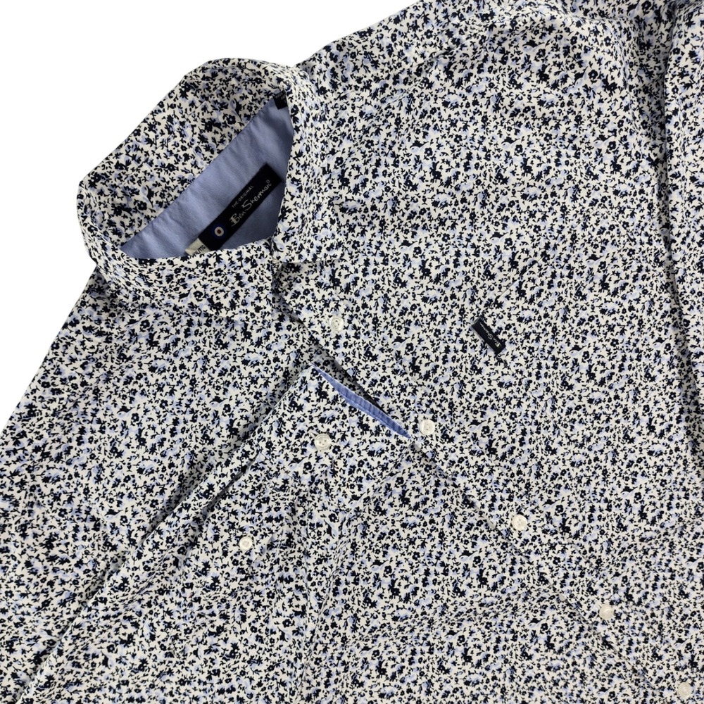 Ben Sherman Shirt Mens XXL Blue White Floral Button Down 100% Cotton Mod Casual